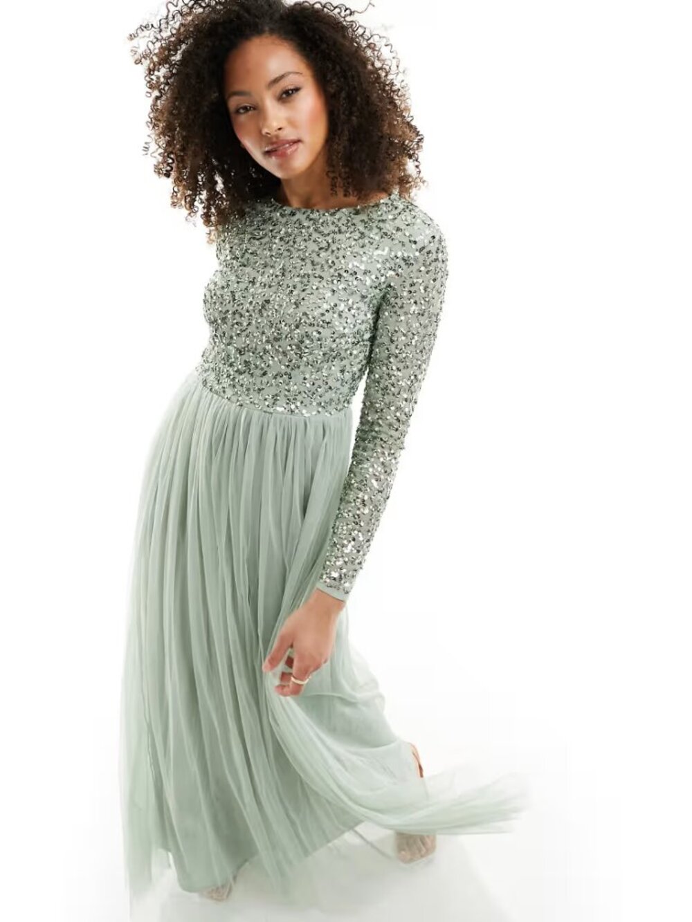 Maya Deluxe Petite Sage Green Sequin Tulle Bridesmaid Maxi Dress US 2 NWT